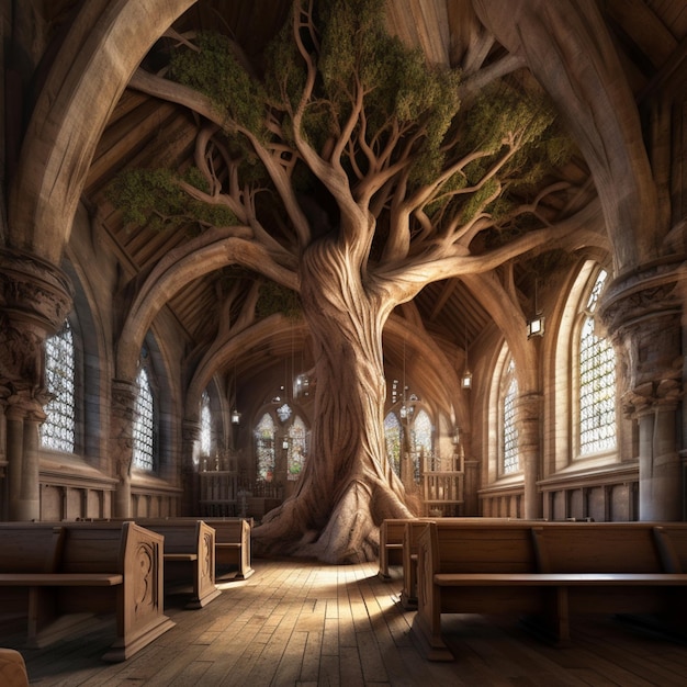 Hay un gran árbol en medio de una iglesia generativa ai