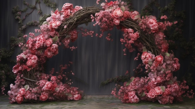 Hay un gran arco hecho de flores sobre un fondo oscuro ai generativo