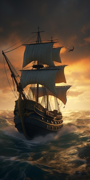 Hay un gran barco de vela navegando en el océano al atardecer generativo ai