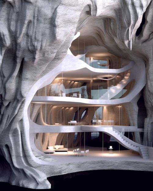 hay un gran edificio blanco con una escalera en espiral en él generativo ai