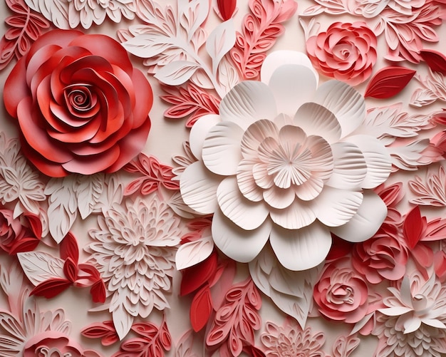 Hay una gran flor de papel en una pared con muchas flores generativas ai