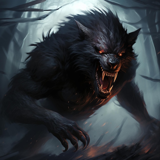 Hay un gran hombre lobo negro corriendo por un bosque generativo ai