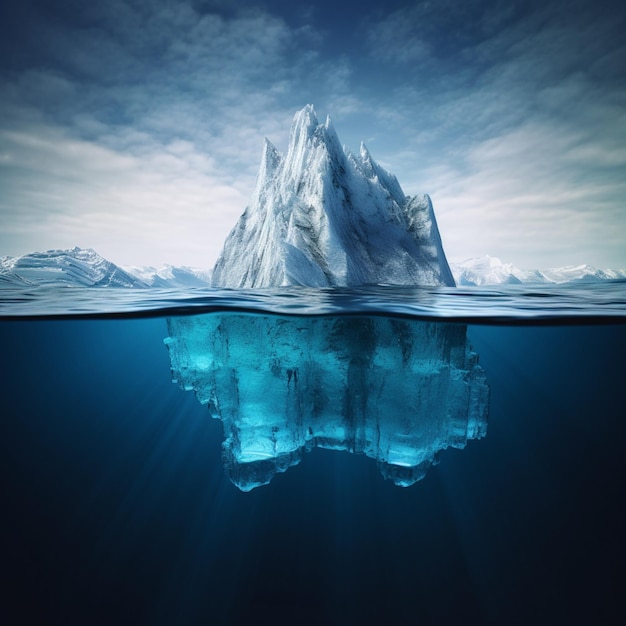 hay un gran iceberg flotando en el océano con un fondo de cielo ai generativo