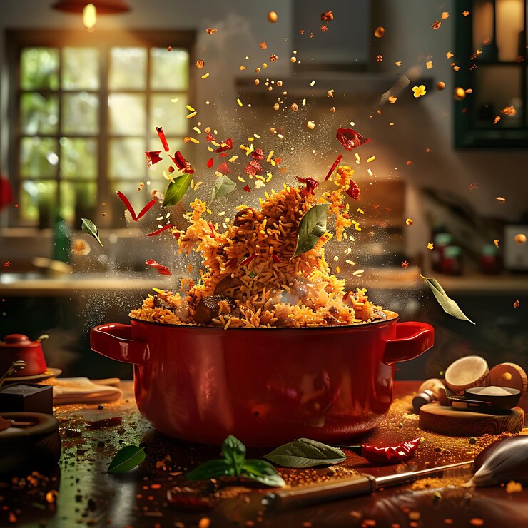 hay una gran olla roja con comida en ella en una mesa
