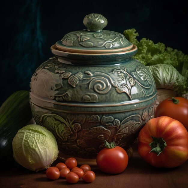 Hay una gran olla verde con una tapa rodeada de verduras generativas ai