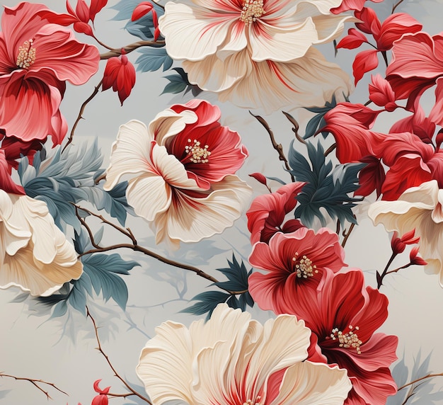 hay un gran patrón de flores en un papel tapiz con flores rojas y blancas ai generativo