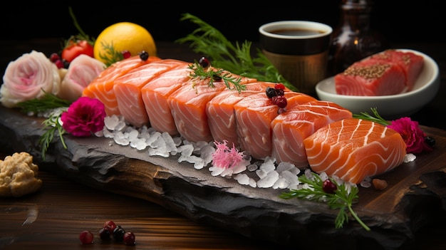 Hay un gran pedazo de salmón en una tabla de madera generativa ai