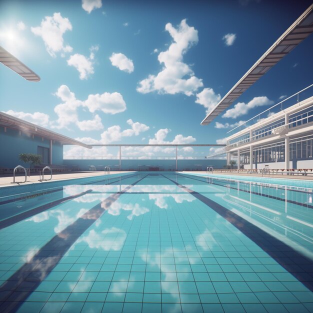 Foto hay una gran piscina con un fondo de cielo y unas pocas nubes generativas ai