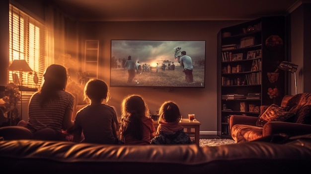 hay un grupo de personas sentadas en un sofá viendo una película con IA generativa