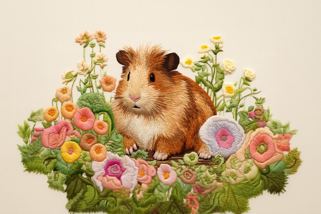 Hay una guinea en un parche de flores con un fondo blanco generativo ai