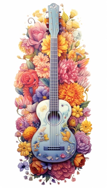 hay una guitarra con flores en ella y un fondo blanco generativo ai