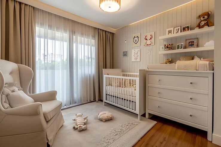 Hay una habitación para bebés con una cuna y una silla.