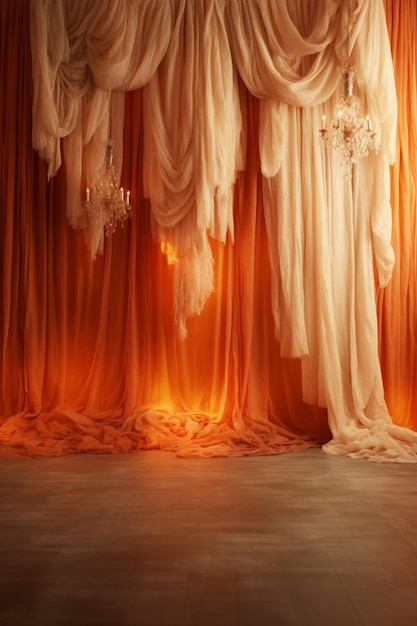 Foto hay una habitación con una cortina, una lámpara de araña y una vela generativa ai