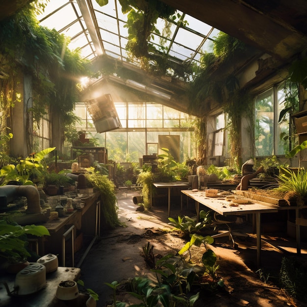 Hay una habitación con muchas plantas y muchas ventanas generativas.