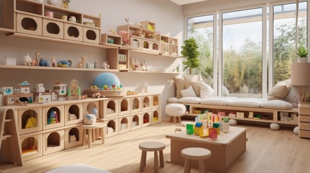 Foto hay una habitación con muchos juguetes y un sofá generativo ai