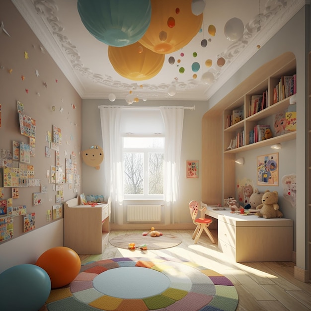 Hay una habitación con muchos juguetes y una ventana generativa ai