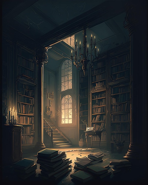 Hay una habitación con muchos libros en el suelo.