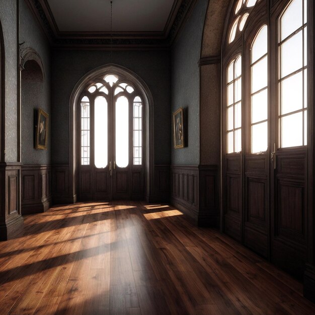 hay una habitación con un piso de madera y una gran ventana