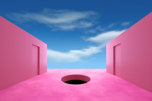 Foto hay una habitación rosa con un agujero en el medio generativo ai