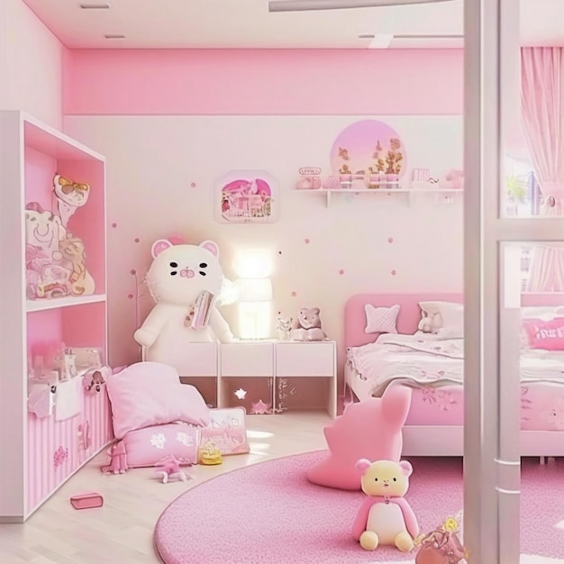 hay una habitación rosa con un oso de peluche y una silla rosa generativa ai