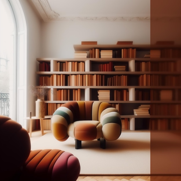Hay una habitación con una silla y un estante para libros generativo ai.