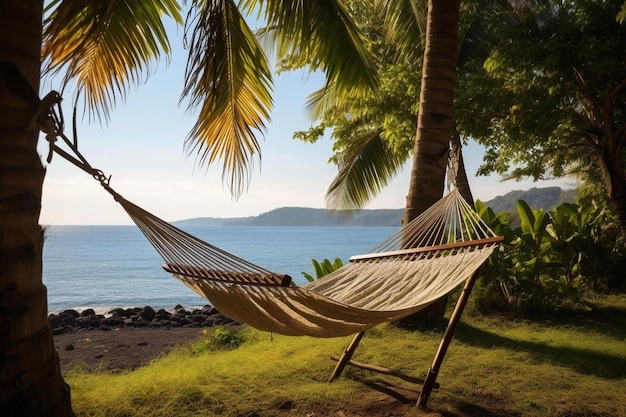 Hay una hamaca en la playa y está rodeada de palmeras.