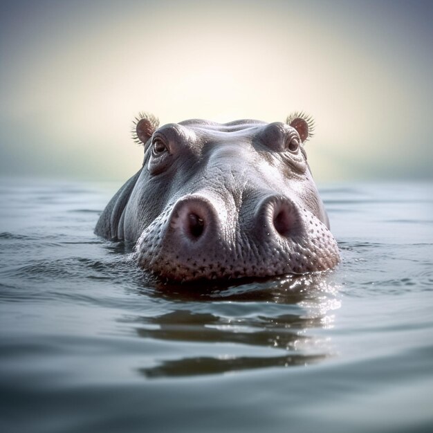 Foto hay un hipopótamo en el agua con la cabeza por encima del agua ai generativa