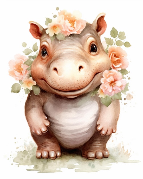 Hay un hipopótamo con flores en la cabeza y una corona de flores generativa ai