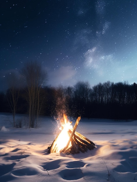 Hay una hoguera en la nieve con un cielo lleno de estrellas generativo ai