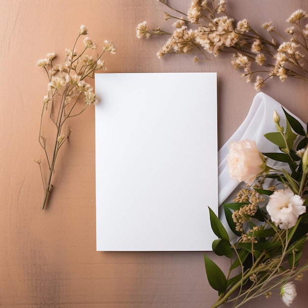 hay una hoja blanca de papel y algunas flores en una mesa generativa ai