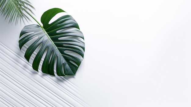 Hay una hoja grande de una planta sobre una superficie blanca ai generativo