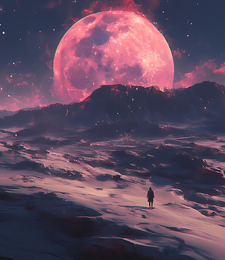 hay un hombre caminando por una colina nevada con una luna rosada en el fondo