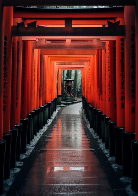 Foto hay un hombre caminando a través de un túnel de puertas rojas generativo ai