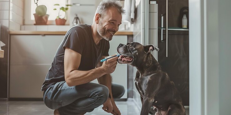 hay un hombre cepillando los dientes de sus perros en la cocina