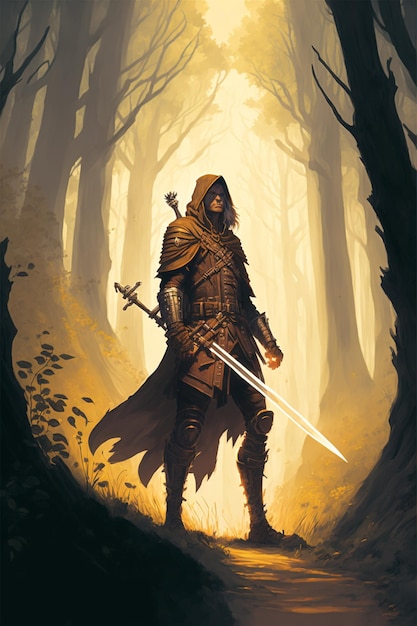 hay un hombre con una espada parado en un bosque ai generativo