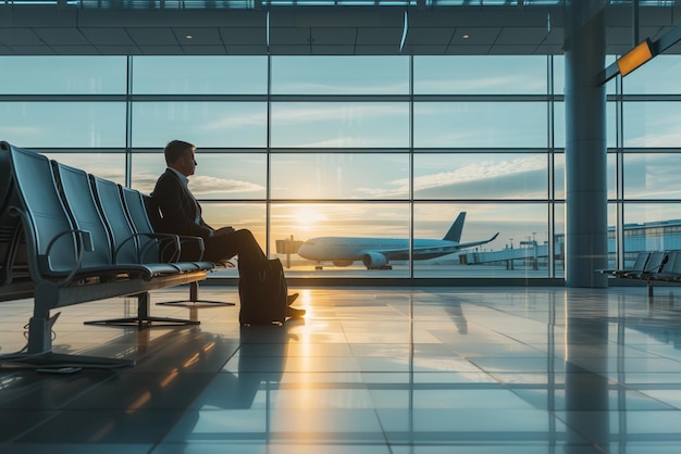 Hay un hombre esperando un vuelo en la terminal del aeropuerto estéril con equipaje cerca de la puerta de embarque de la aeronave