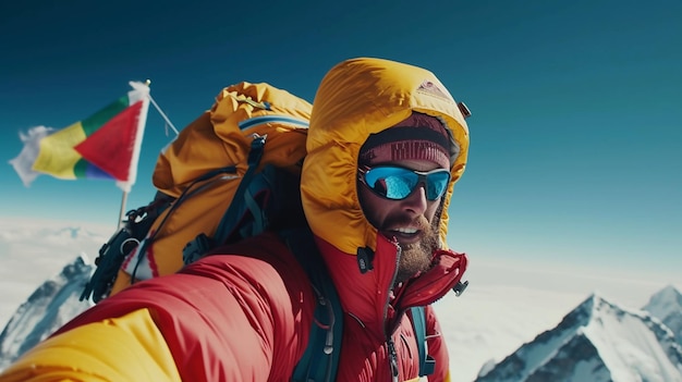 hay un hombre con una mochila en la espalda tomando una selfie generativa ai