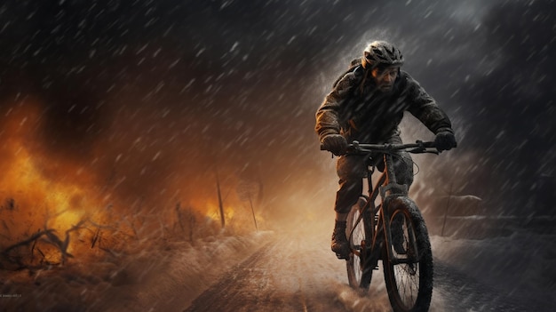 hay un hombre montando una bicicleta en la lluvia en una carretera generativa ai