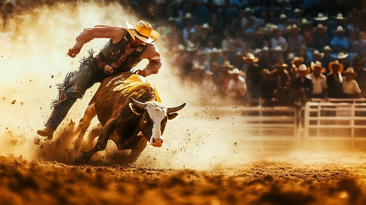 Hay un hombre montando un toro en una arena de rodeo.