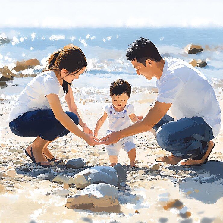 Hay un hombre, una mujer y un niño en la playa.