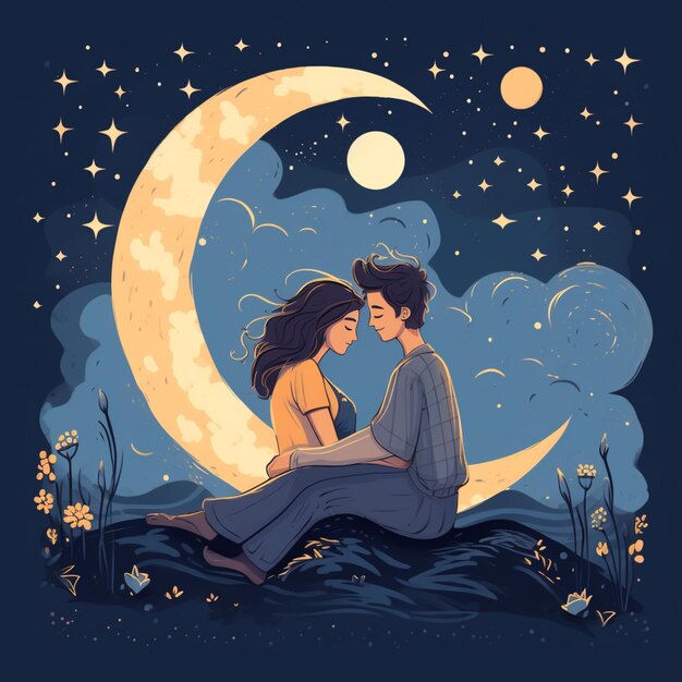 Hay un hombre y una mujer sentados en una roca bajo la luna generativo ai