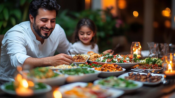 hay un hombre y una niña sentados en una mesa con platos de comida