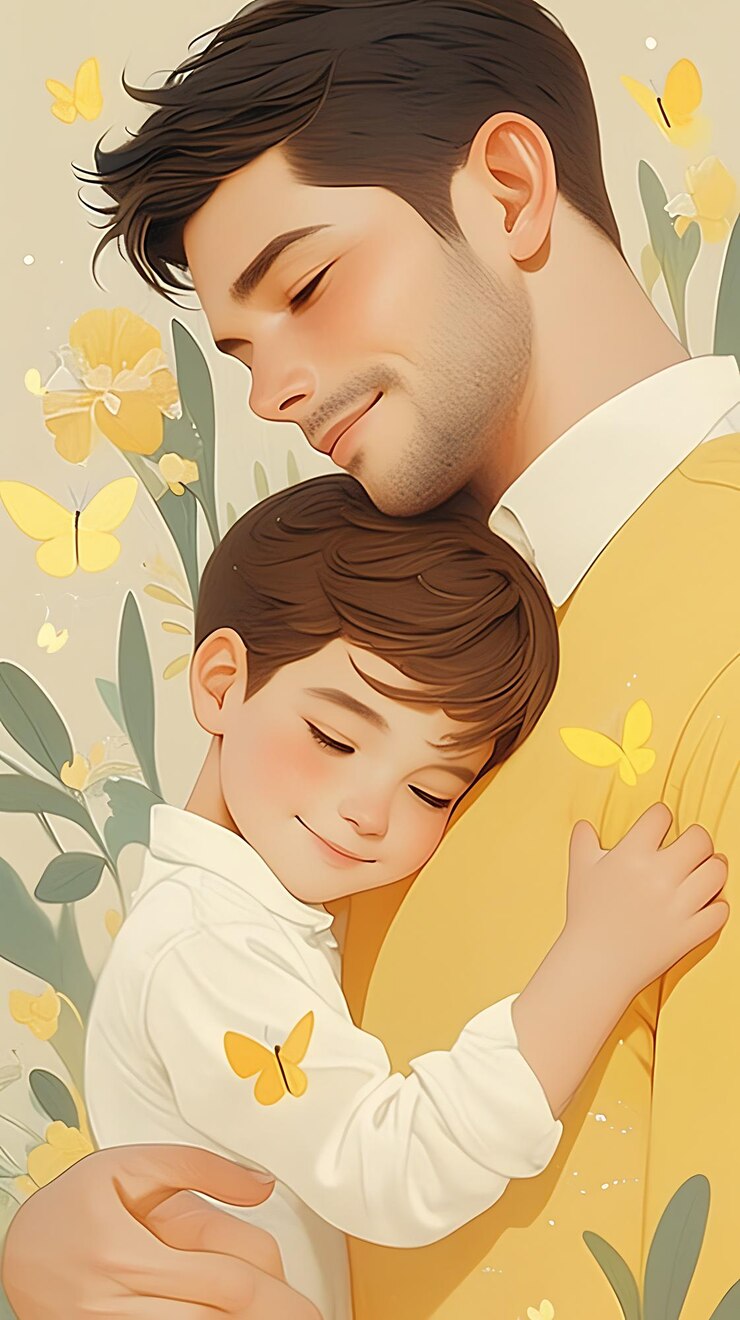 hay un hombre y un niño abrazándose en un campo de flores