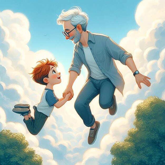 Foto hay un hombre y un niño que están volando en el cielo