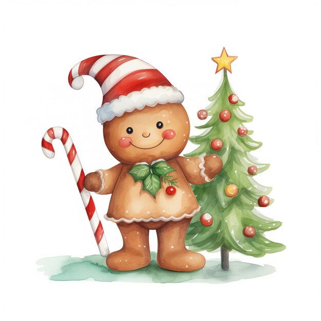 Hay un hombre de pan de jengibre sosteniendo un bastón de caramelo al lado de un árbol de Navidad generativo ai