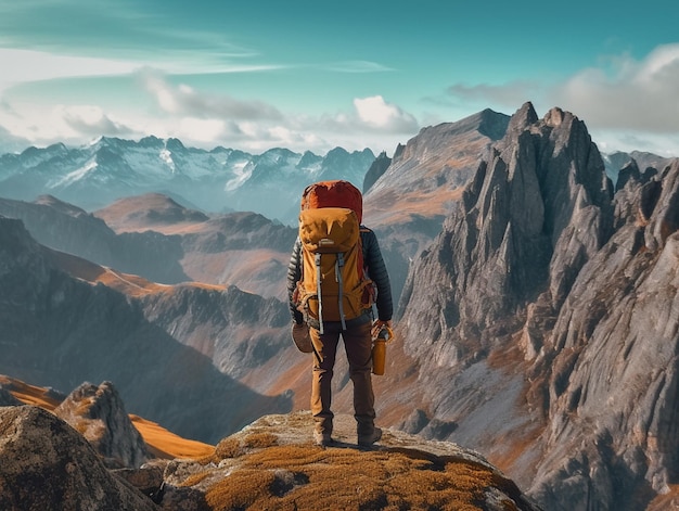 Hay un hombre parado en la cima de una montaña con una mochila generativa ai