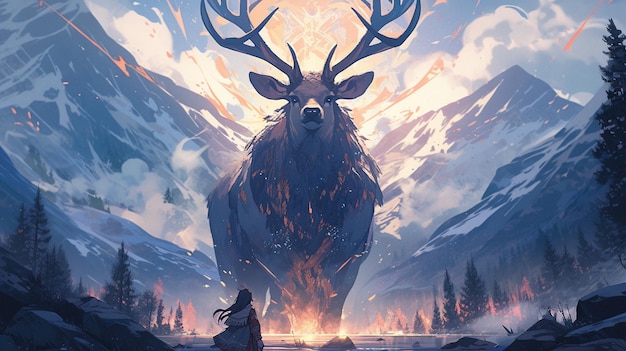 hay un hombre parado frente a un ciervo en las montañas ai generativa