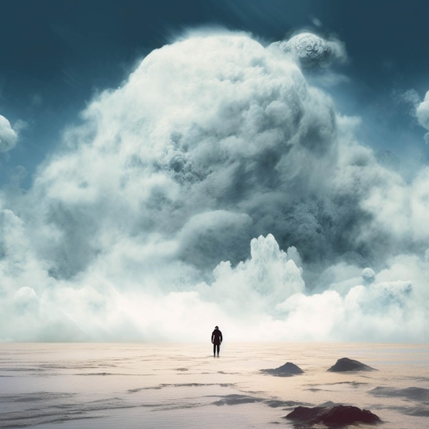 Hay un hombre parado en medio de un desierto con una enorme nube en el fondo ai generativo