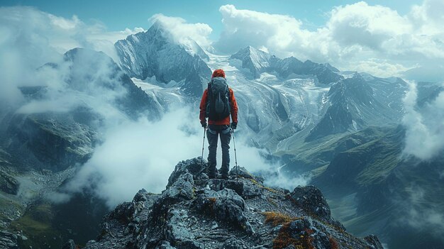 Hay un hombre de pie en la cima de una montaña con una mochila generativa ai