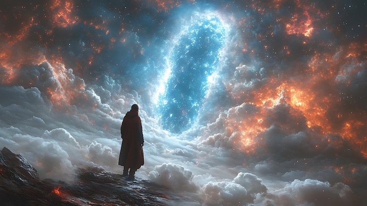 Foto hay un hombre de pie en una colina mirando una gran galaxia